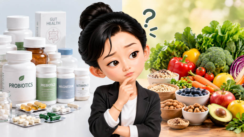 Probiotics and supplements compared with vegetables, fruits, grains, and nuts